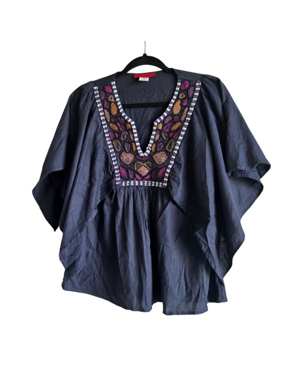 Akira Navy Blue Embroidered Cotton Tunic Top Handmade Beaded Yoke Size S